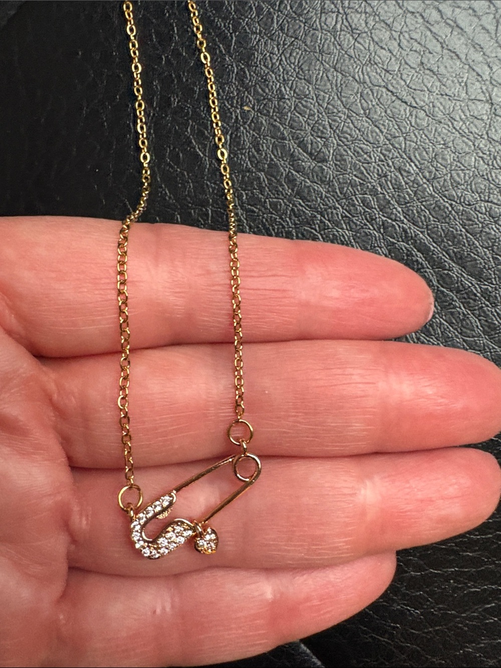 Gold-Tone Safety Pin Pendant Necklace with Clear Crystal Accents